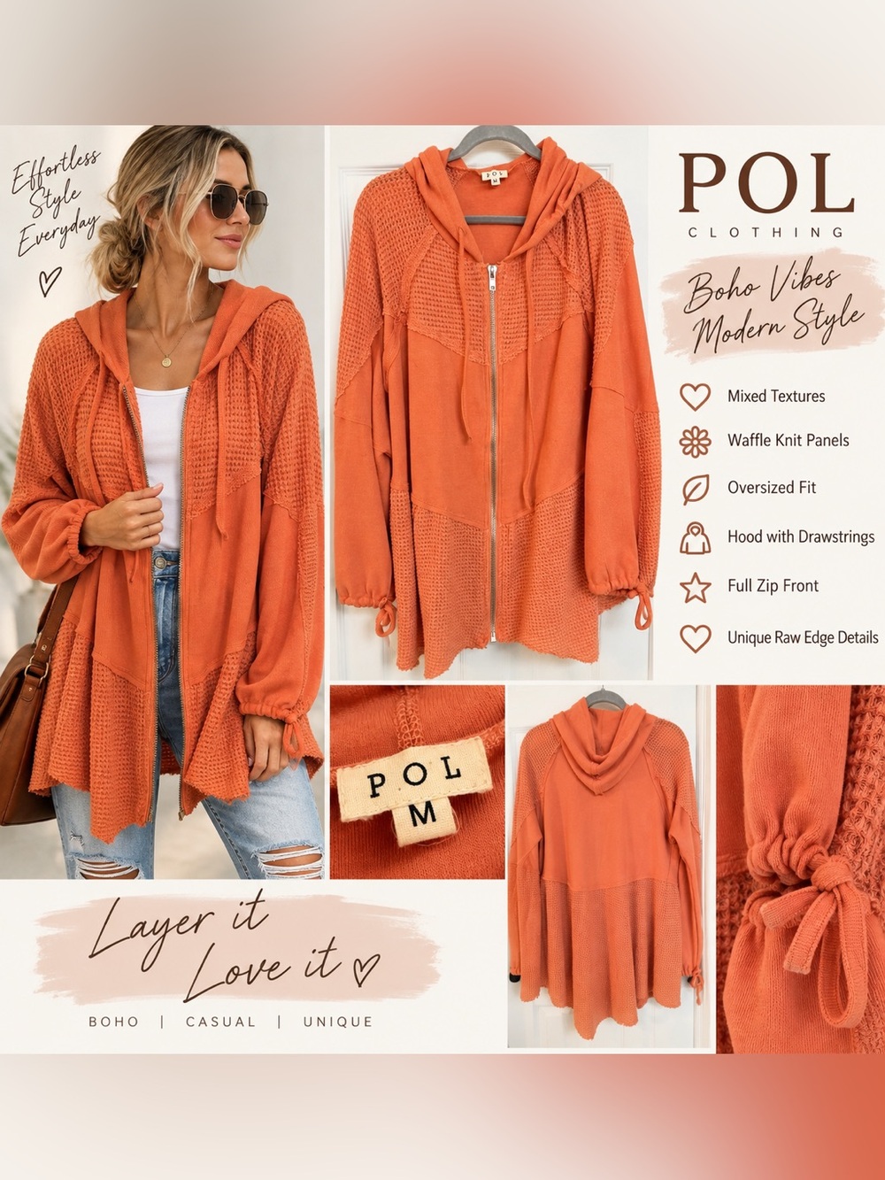 POL Orange Waffle Knit Mixed Media Zip Up Hoodie Jacket Size Medium Boho
